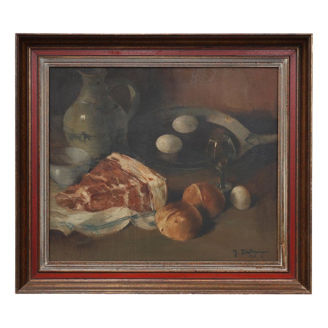 J. De Bruyne, Realist Still Life with Ham, Eggs and Bread, 1920s, Oil on Canvas For Sale