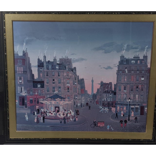 Wood Late 20th Century Michel Delacroix "Carousel" Framed Paris Street Scene Lithograph, Signed in Plate For Sale - Image 7 of 15