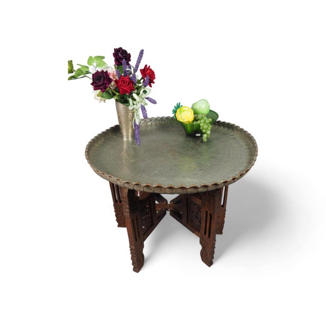 Solid antique oriental copper tray tea table from Afghanistan. An Antique, rare & very decorative Hammer Engraved...