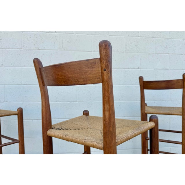 1970s Set of 6 Danish Modern Style Solid Wood Bar Stools With Woven Rush Seats For Sale - Image 10 of 12