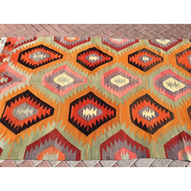 Mid-Century Modern Vintage Diamond Design Kilim Rug - 67" X 102" For Sale - Image 3 of 11