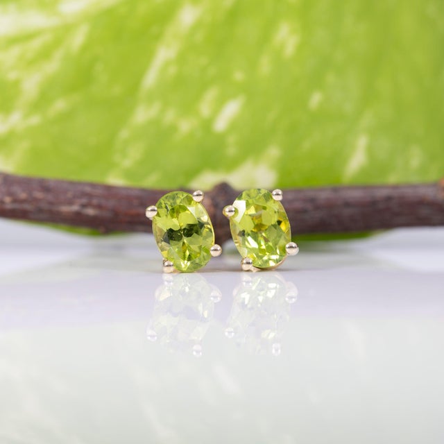 Modern Peridot Four-Prong Stud Earrings in Solid 14k Gold - Oval, 7×5mm - Fine Jewelry, Pair For Sale - Image 3 of 6