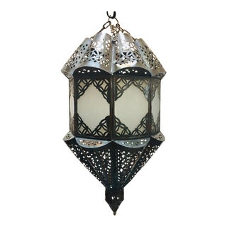 Moroccan Handcrafted Moorish Pendant Frosted Glass Lantern For Sale