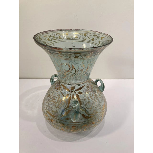 1940s Handblown Mosque Glass Lamp in Moorish Style Gilded With Arabic Calligraphy For Sale - Image 13 of 13