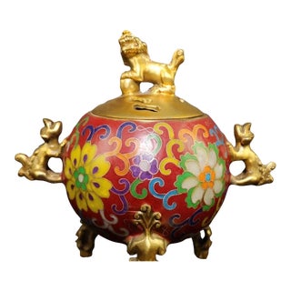 Vintage Cloisonne Enamel Incense Burner – 6.1" Gilt Lion Censer With Floral Motif For Sale