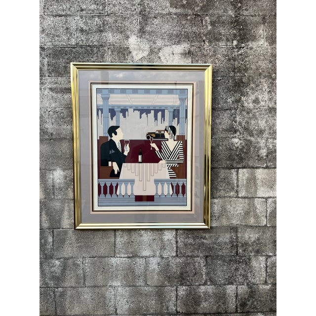 Large 1980s Art Deco Revival Framed Silkscreen "Rendezvous" Signed by the Artist. For Sale In Miami - Image 6 of 18