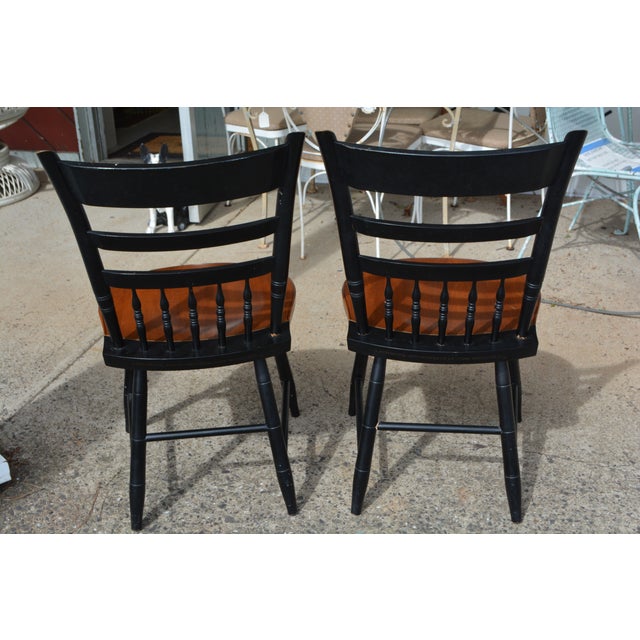 Pair of Mid 20th Century Hitchcock Black W/ Brown Seat Gold Stenciled Fruits Harvest Dining Chairs For Sale - Image 14 of 15