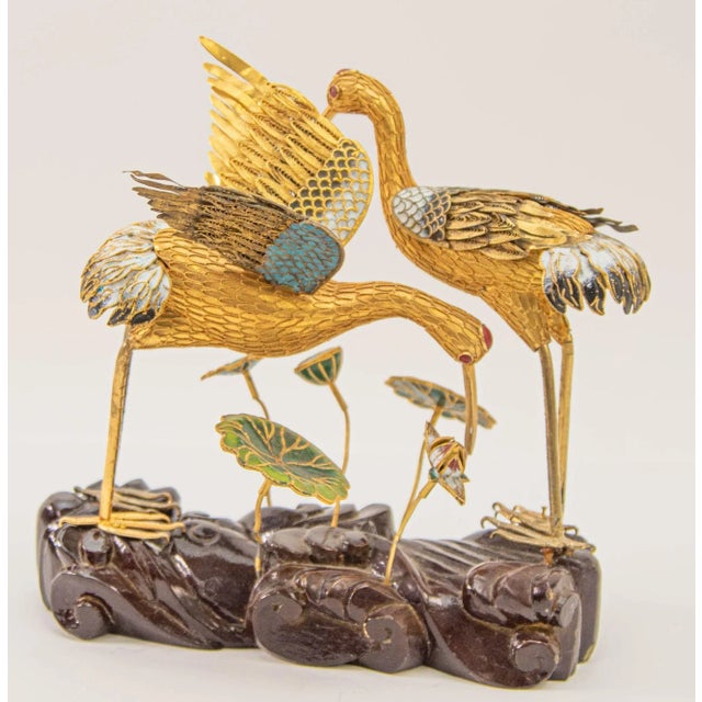 Vintage Chinese Metal Gilt Filigree and Enamel Cranes Figures on Wooden Stand For Sale - Image 4 of 12