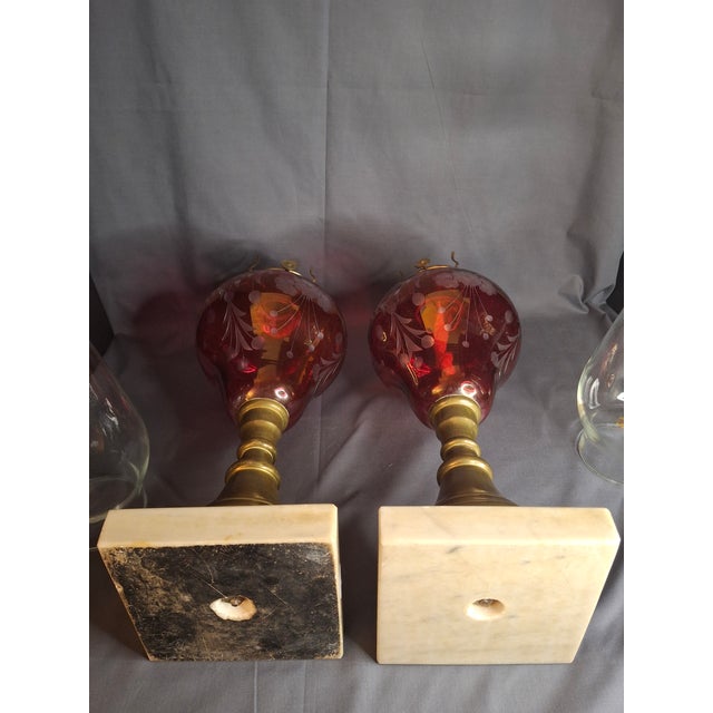 Pair Antique Bohemian Cranberry Cut-to-Clear Kerosene Lamps Marble Base P&a Eagle For Sale - Image 14 of 15