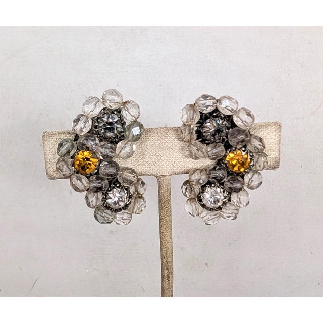 Rare 1960s silvertone clear faceted beads with one prong set round faux-citrine and prong set two round clear rhinestones...