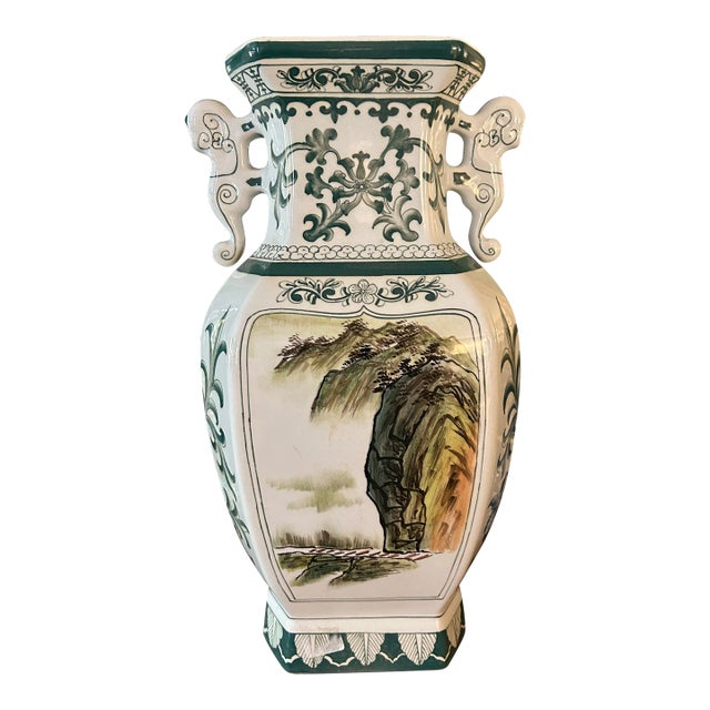 1970’s Andrea by Sadek Green and White Porcelain Chinoiserie Japanese Porcelain Scenic Vase 15.5” For Sale