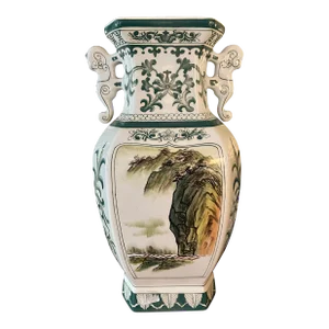 1970’s Andrea by Sadek Green and White Porcelain Chinoiserie Japanese Porcelain Scenic Vase 15.5”