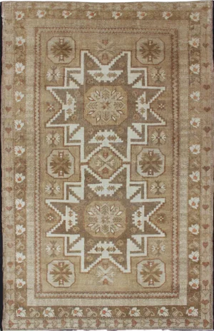 Tribal Turkish Vintage Rug With Starburst Pendants in Ivory, Green & Light Brown