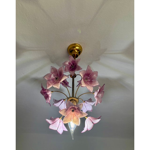 1980s Vintage Italian Murano Style Hand-Painted Pink Floral Pendant Light, Romantic Glass Blossom Chandelier, Dramatic Ceiling Shadow Display For Sale - Image 5 of 17