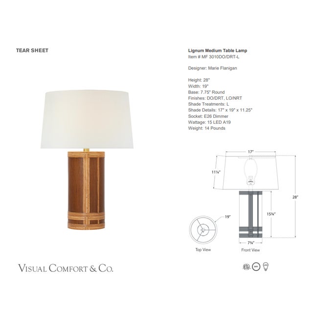 Marie Flanigan by Visual Comfort Signature Lignum Medium Table Lamp in Dark Oak and Dark Rattan with Linen Shade Designer:...