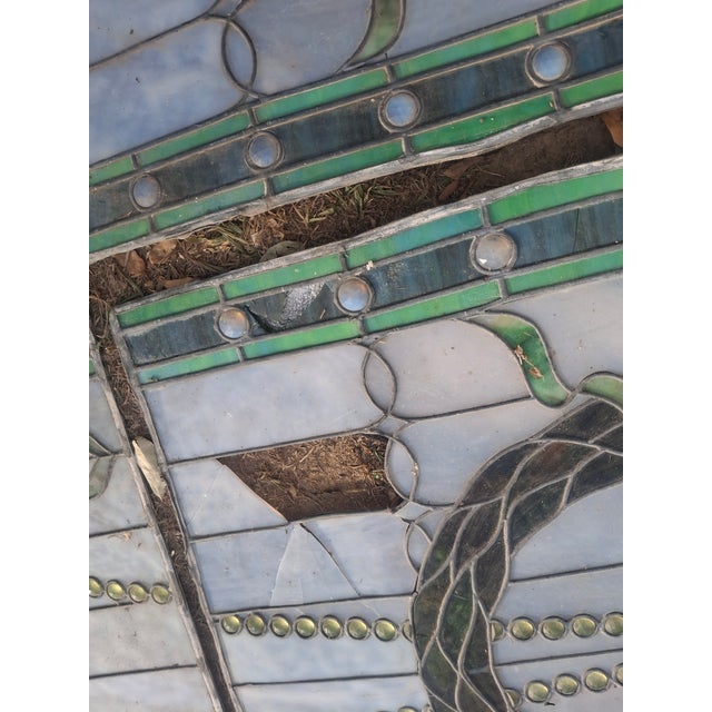Two Sets of Art Nouveau Style Floral and Ribbon or Wreath Motifs, Complete With Green and White Opalescent/Textured Glass and Jewel Accents For Sale - Image 4 of 6