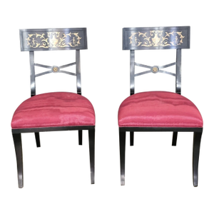 Pair of Regency Style Ebonized Klismos Chairs by Baker Furniture in Silk Moiré Fabric, Late 20th Century