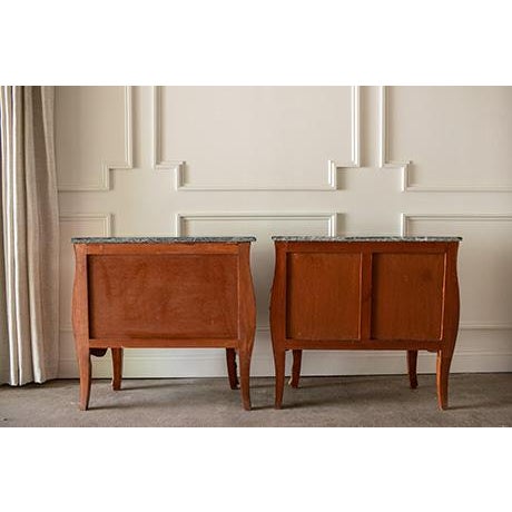 Pair Vintage French Louis XV Bombé Chests, Marble Top Commode Nightstands For Sale - Image 9 of 18