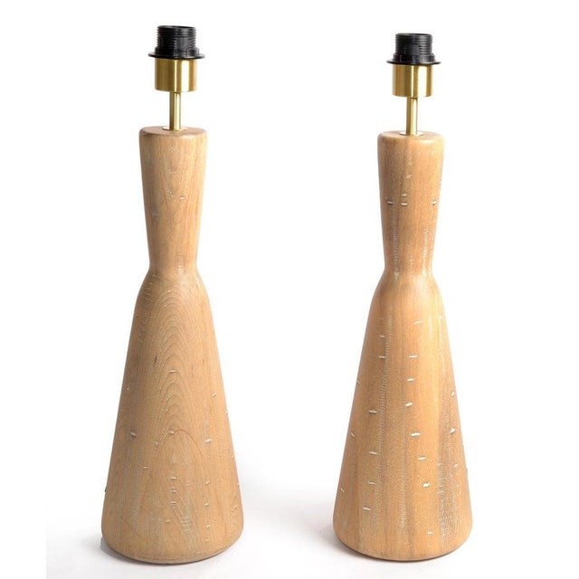 Wood Vintage Natural Tapered Solid Wood Brass Table Lamps Mid-Century Modern, Pair For Sale - Image 7 of 18