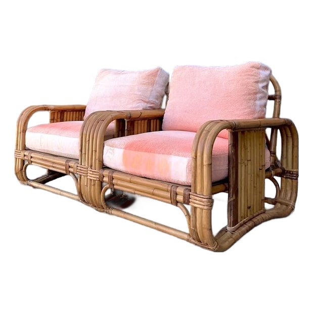 Vintage Bielecky Brothers Rattan and Terry Cloth Lounge Chairs - A Pair For Sale