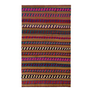 Vintage Turkish Kilim Rug in Brown, Pink and Blue Stripe Pattern For Sale