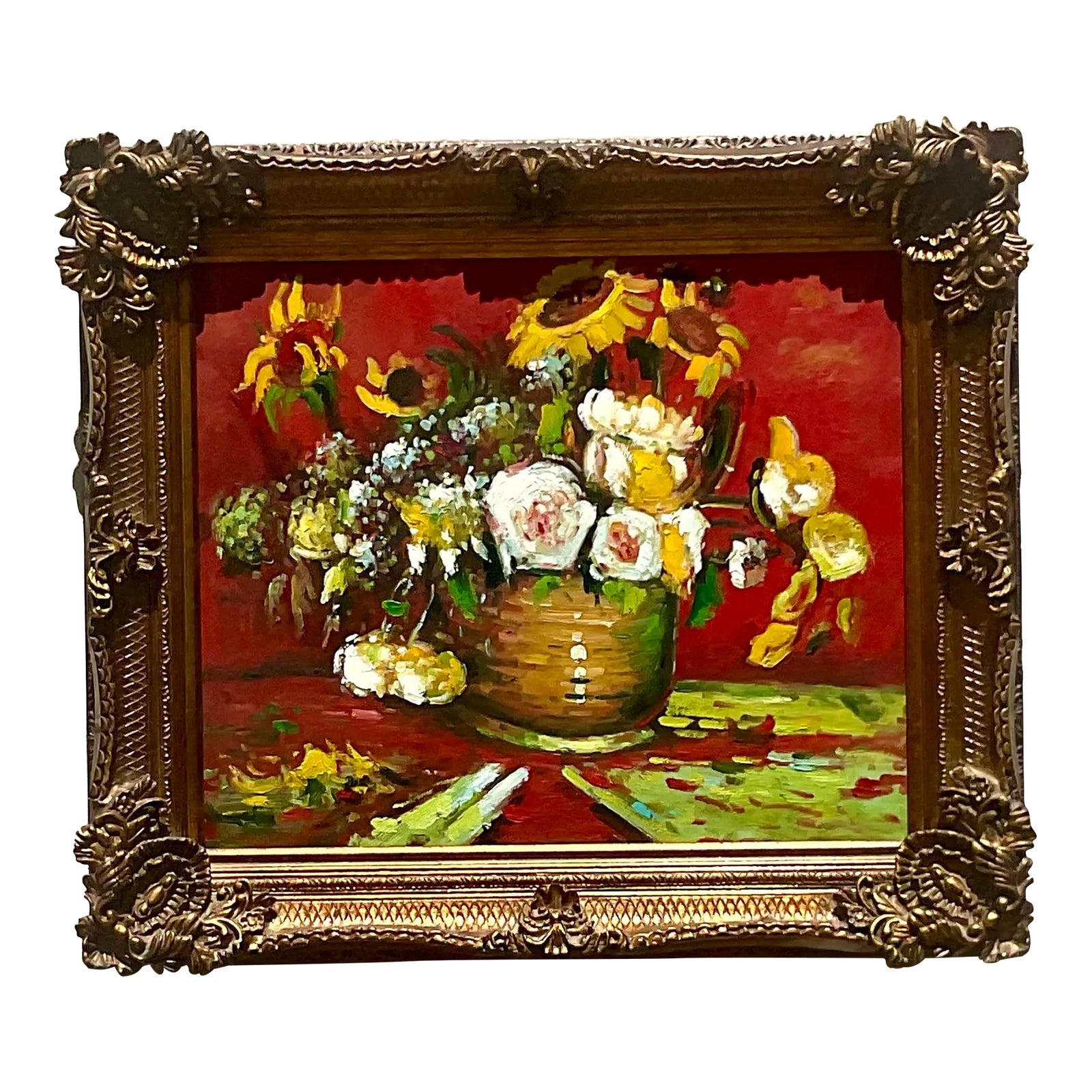 Vintage Regency Signed Floral Original Oil Painting on Canvas | Chairish
