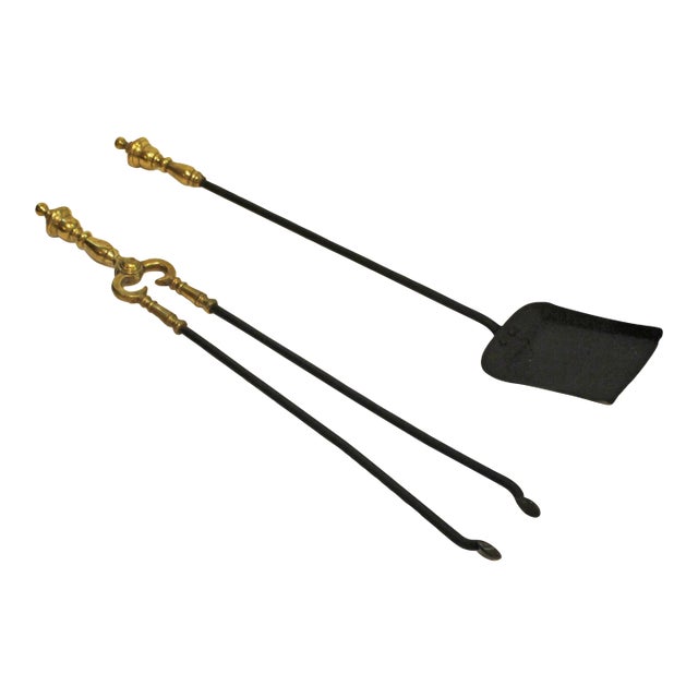 Late 18th Century English Georgian Brass & Iron Fireplace Tools For Sale