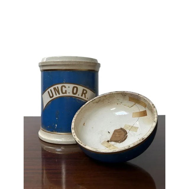 - A beautiful blue, white and gold Victorian apothecary jar, circa 1900. - The jar still contains its original blue, white...