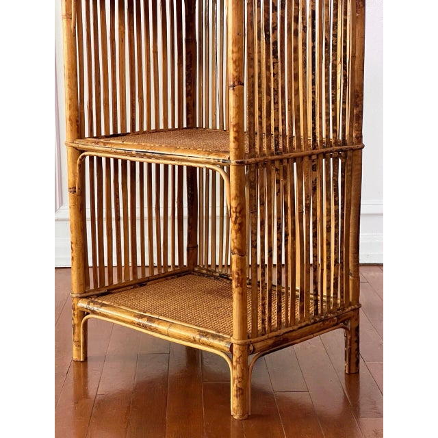 1970s Organic Modern Three-Tier Small Etagere in Burnt Bamboo and Rattan For Sale - Image 9 of 13