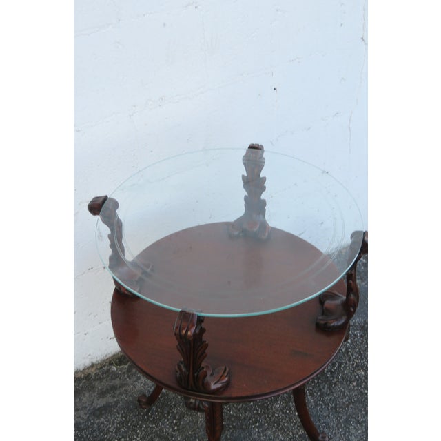 Hand Carved Round Two Tier Mahogany Glass Top Side End Lamp Table 5762 For Sale - Image 9 of 12