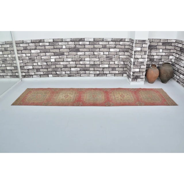 Textile Vintage Turkish Rug, Japandi Style Red Runner For Sale - Image 7 of 10