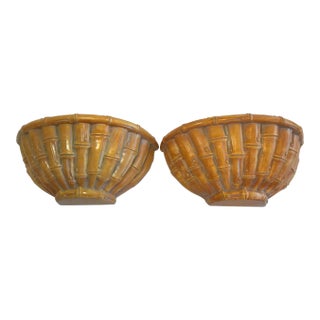 Large Vintage Palm Beach Coastal Chinoiserie Faux Bamboo Wall Shelves Brackets Sconces- A Pair For Sale