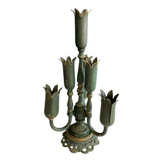 Antique Green and Gold 7-Point Cast Iron Candelabra For Sale