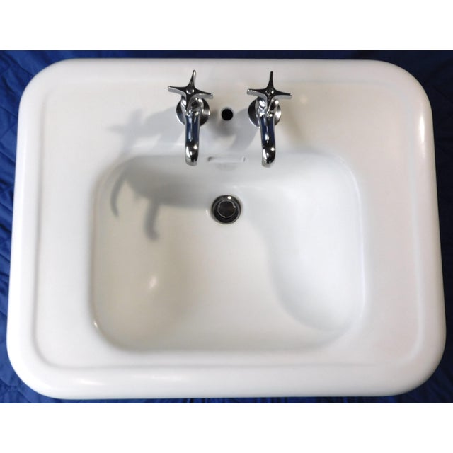 1920s 1920s Cast Iron & Porcelain Pedestal Sink With "Central Brass" Chrome Faucets For Sale - Image 5 of 18