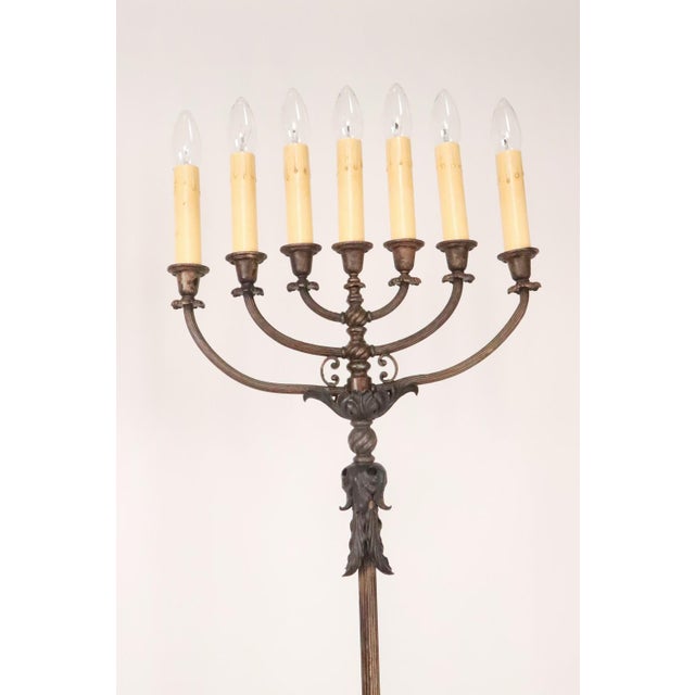 Traditional Pair of Bronze Electrified Standing Menorah Candelabras For Sale - Image 3 of 13