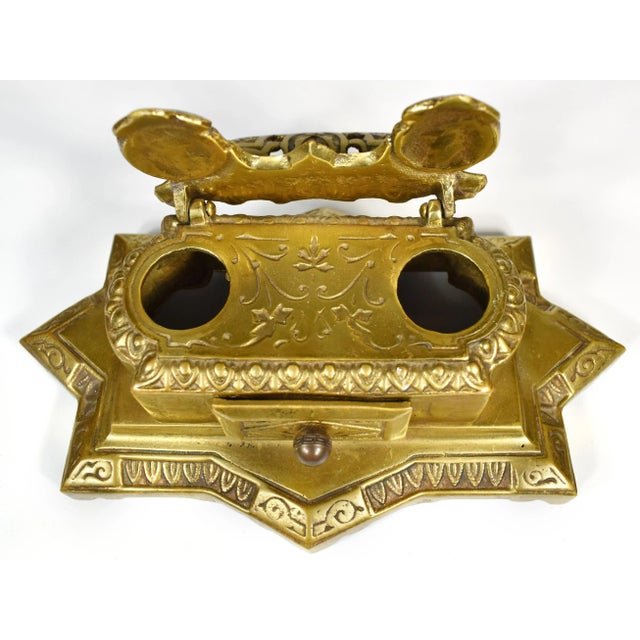 Mid 20th Century Solid Brass Desk Double Inkwell and Pen Holder For Sale - Image 9 of 11