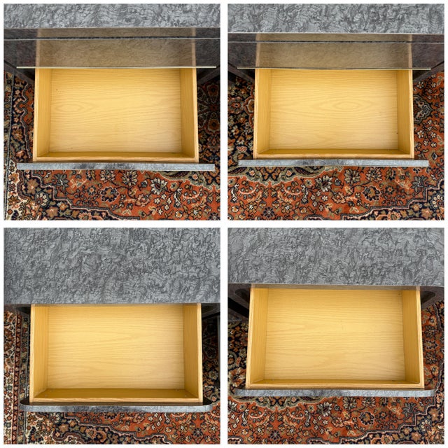 1980s Postmodern Waterfall Laminate & Brass 2 Drawer Nightstands in Gray Burlwood Print - A Pair For Sale - Image 11 of 18