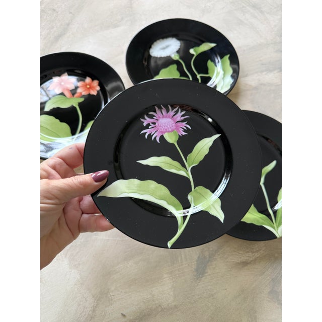1978 Fitz and Floyd Fleur De Minuit Salad Plates 7.5 Inch Black Floral Vintage - Set of 4 For Sale - Image 11 of 12