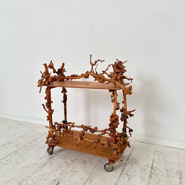 Brown Mid-Century Bar Cart in Brown Burl, Plywood and Root Wood, 1960s For Sale - Image 8 of 14