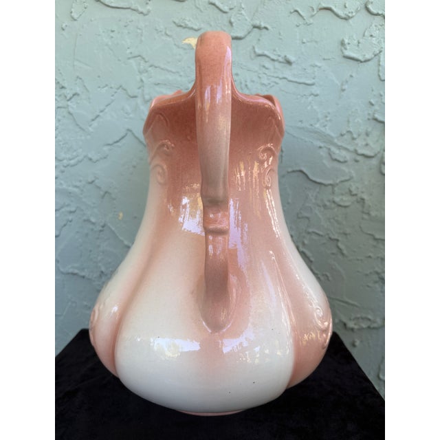 Peach Vintage Peach Glazed Ceramic Wash Basin & Pitcher Set With Floral Motif – Victorian Revival For Sale - Image 8 of 12