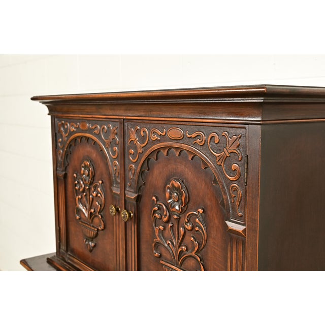 Berkey & Gay Style Antique English Jacobean Carved Walnut Highboy Dresser, Circa 1920s For Sale - Image 9 of 16