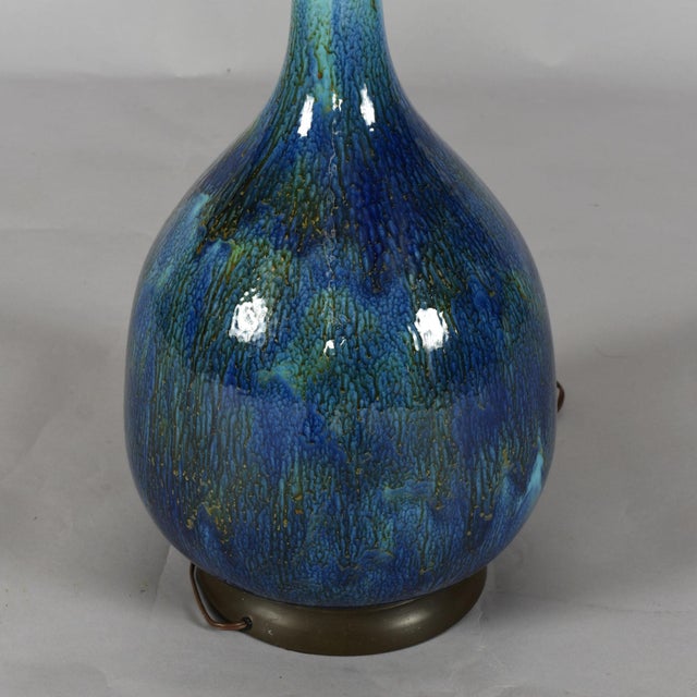 1960s Mid-Century Modern Italian Blue and Teal Drip Glaze Large Ceramic Table Lamp For Sale - Image 9 of 10