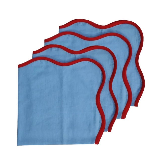 Not Yet Made - Made To Order Handmade Scalloped Napkins, Light Blue with Red Piping - Set of 4 For Sale - Image 5 of 5