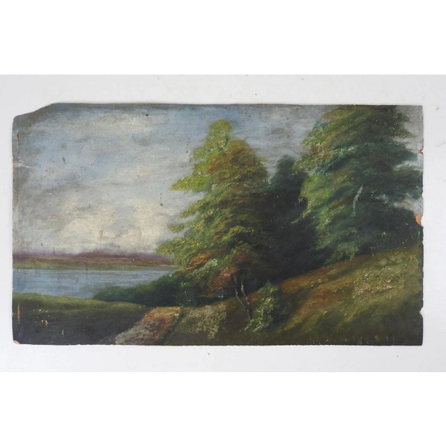 Antique late 19th Century oil on artist board lakeside forest landscape painting. Unsigned. Unframed, edge and corner...