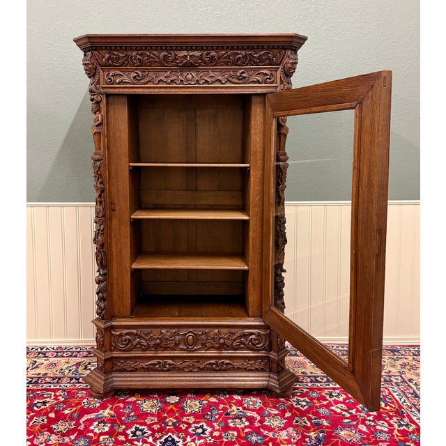 Brown Antique French Renaissance Revival Bookcase Cabinet Side Doors Oak C. 1880s For Sale - Image 8 of 18