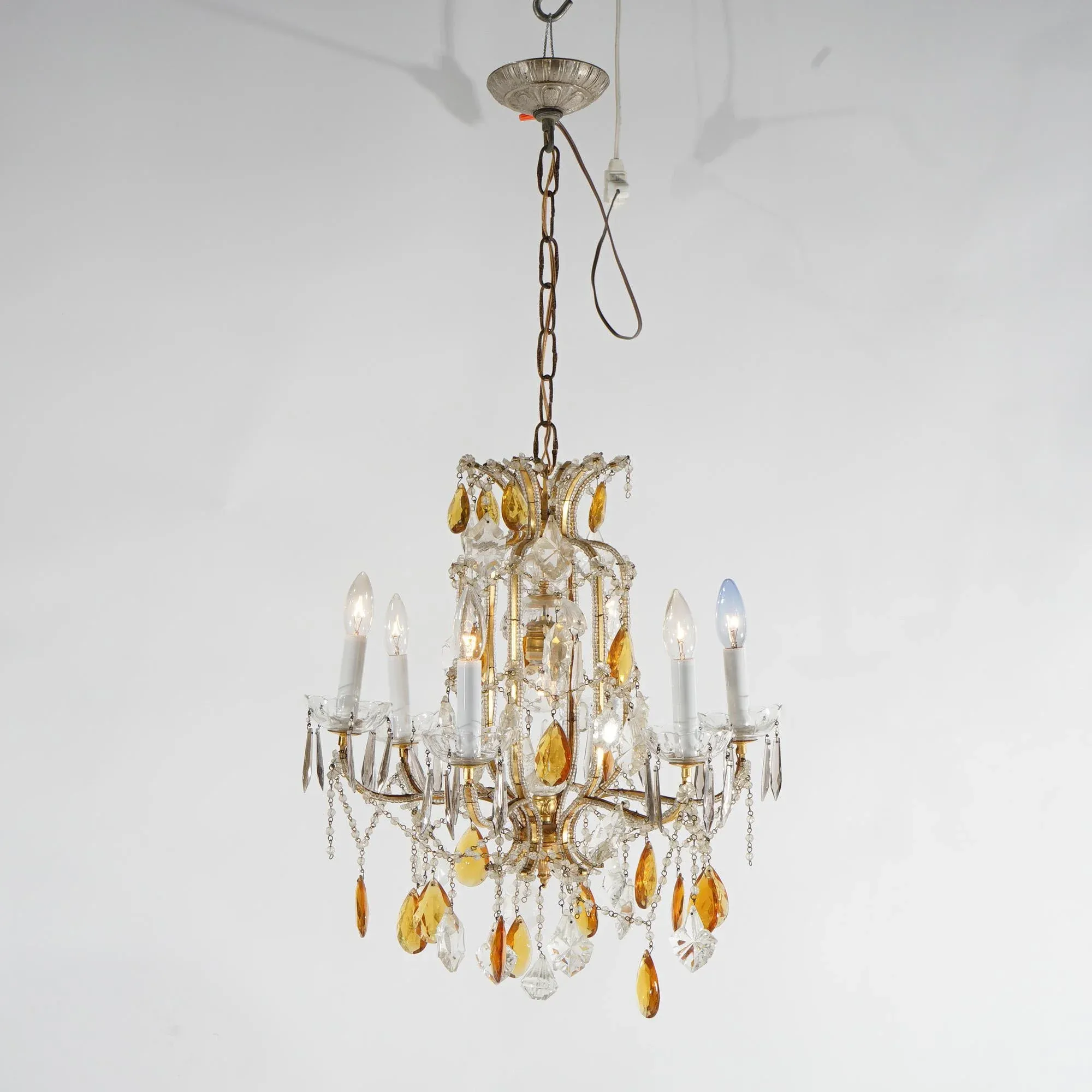 French Louis XIV Style Seven-Light Crystal Chandelier With Amber