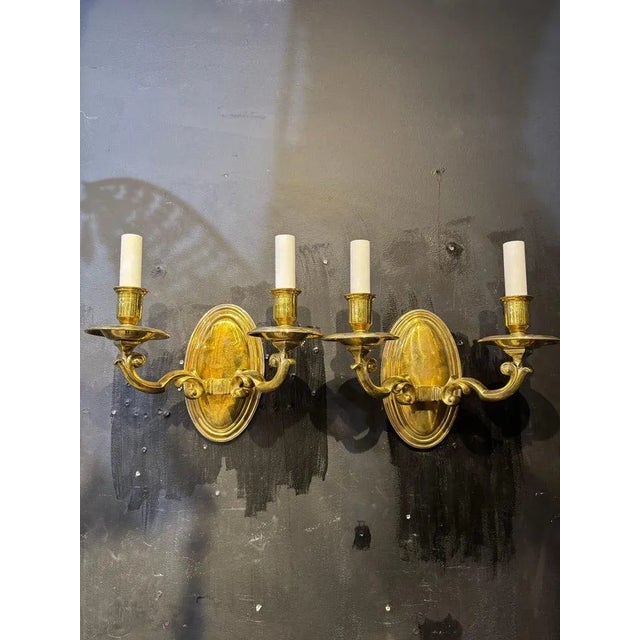1920 Gilt Bronze Colonial Style Sconces Two Lights For Sale - Image 4 of 4