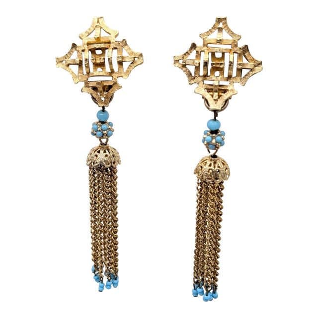 Vintage 1960s Signed Napier Goldtone Faux-Turquoise Tassel Clip Earrings-2 Pieces For Sale