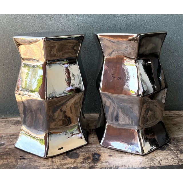 Vintage Faceted Metallic Glaze Low Stools - A Pair For Sale - Image 17 of 18