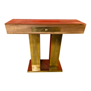Moroccan Console Table in Walnut Wood and Brass For Sale